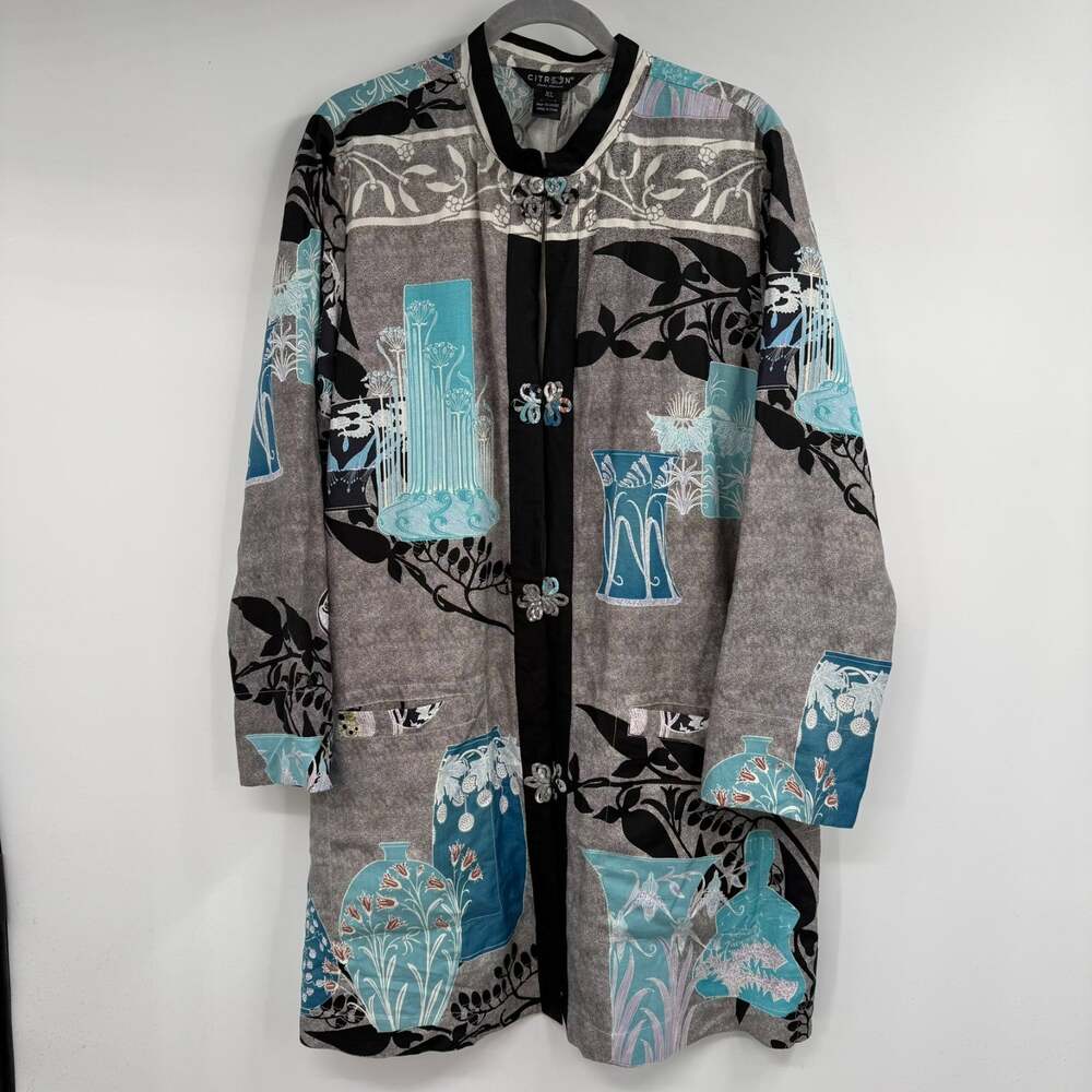 Citron Santa Monica Duster Jacket Women XL Blue Gray Silk Linen Asian Vase Print